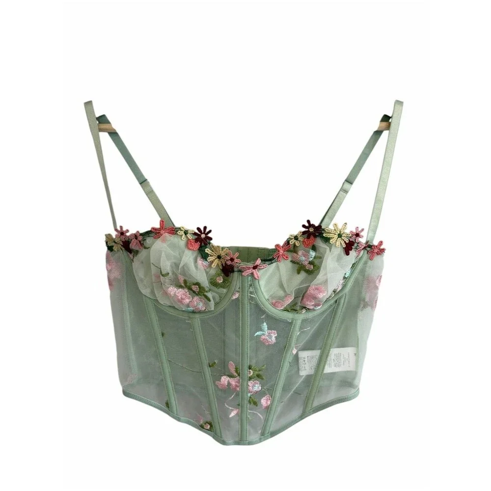 Womens Sheer Floral Embroidered Fairy Bustier Top Size S Coquette Festival Boho
